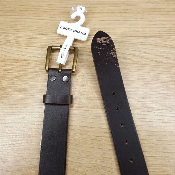 LUCKY BRAND Belt Mens Size 32 Brown Leather Gold Tone Buckle Rivets Distressed - Picture 1 of 4